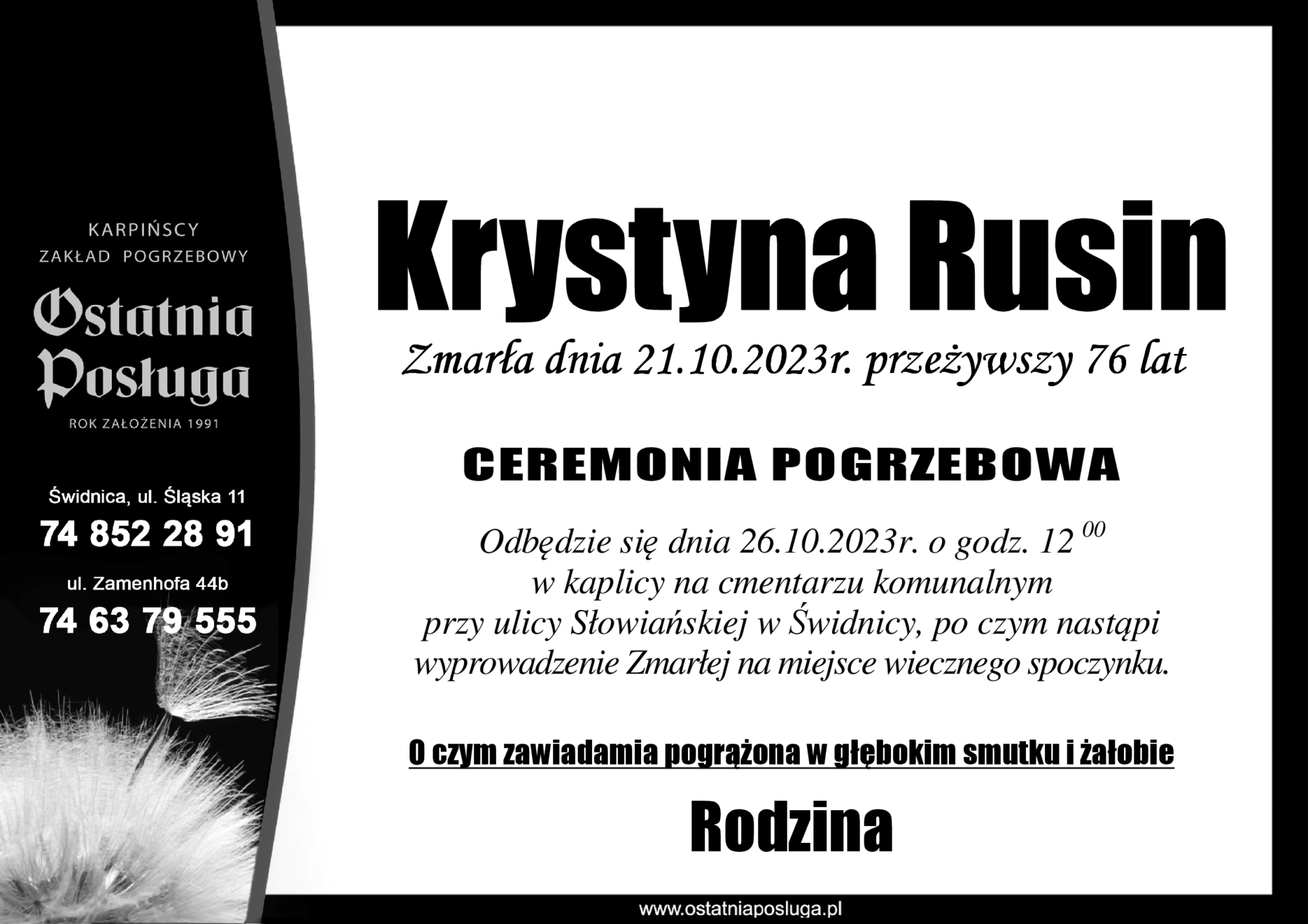 Nekrolog Krystyny Rusin Plakat