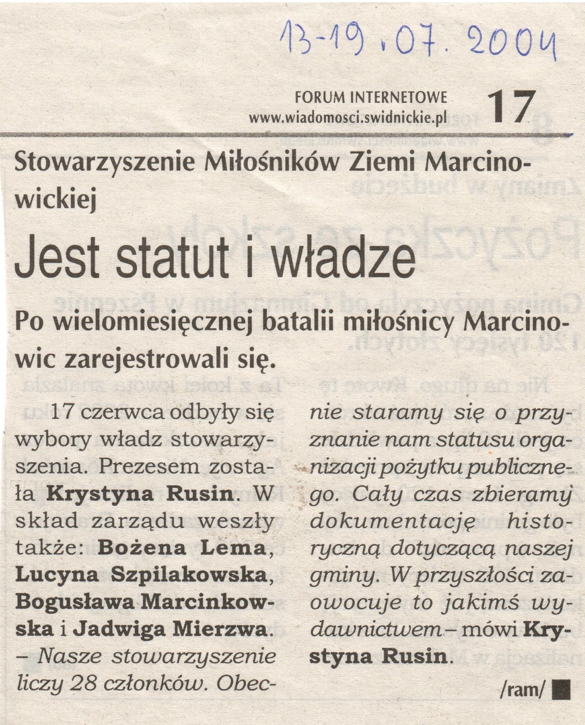 Wycinek z Wiadomości Świdnickich (2004) - ze zbiorów Krystyny Rusin